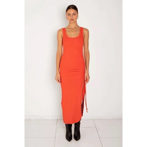 The Range Alloy Rib Cinched Bodycon Midi Dress Fuego Red Orange Womens Medium - Picture 4 of 13